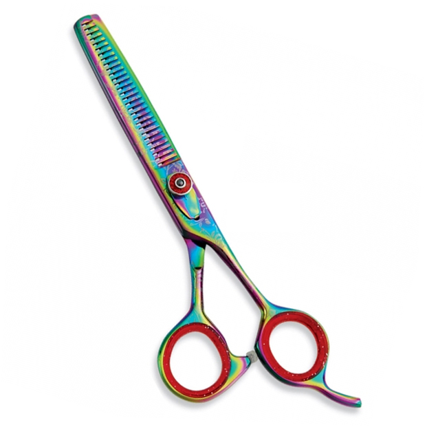 Thinning Scissor. Double Blade Teeth. Plastic Handle. Satin Finish.