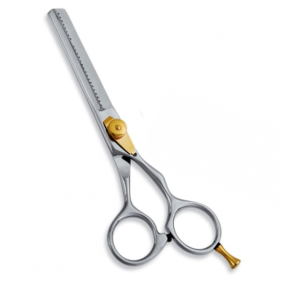 Thinning Scissor. Double Blade Teeth. Plastic Handle. Satin Finish.