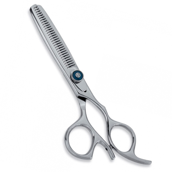 Thinning Scissor. Double Blade Teeth. Plastic Handle. Satin Finish.