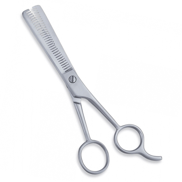 Thinning Scissor. Double Blade Teeth. Plastic Handle. Satin Finish.