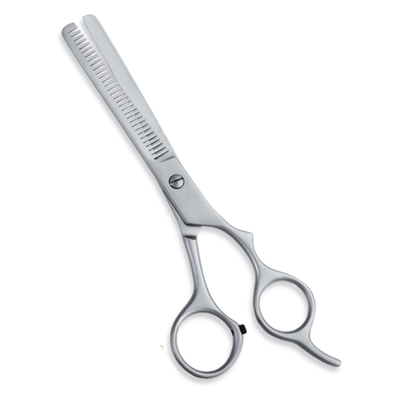 Thinning Scissor. Double Blade Teeth. Plastic Handle. Satin Finish.