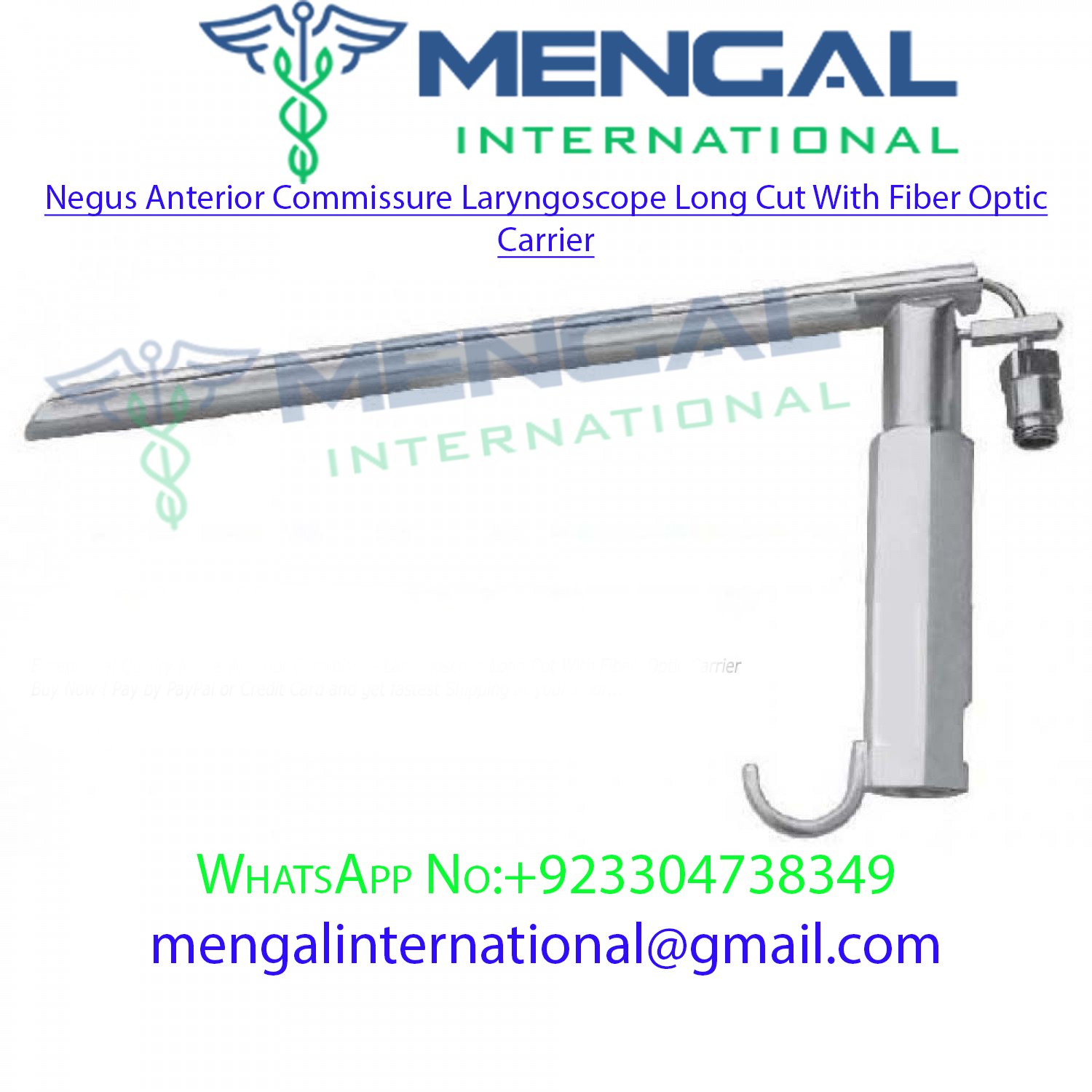 Negus Anterior Commissure Laryngoscope Long Cut With Fiber Optic Carrier