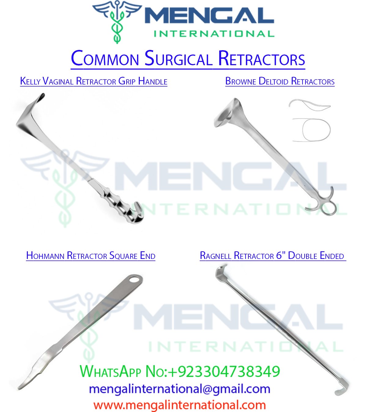 Common Surgical Retractors-Browne Deltoid Retractors-Ragnell Retractor 6″ Double Ended-Kelly Vaginal Retractor Grip Handle-Hohmann Retractor Square End