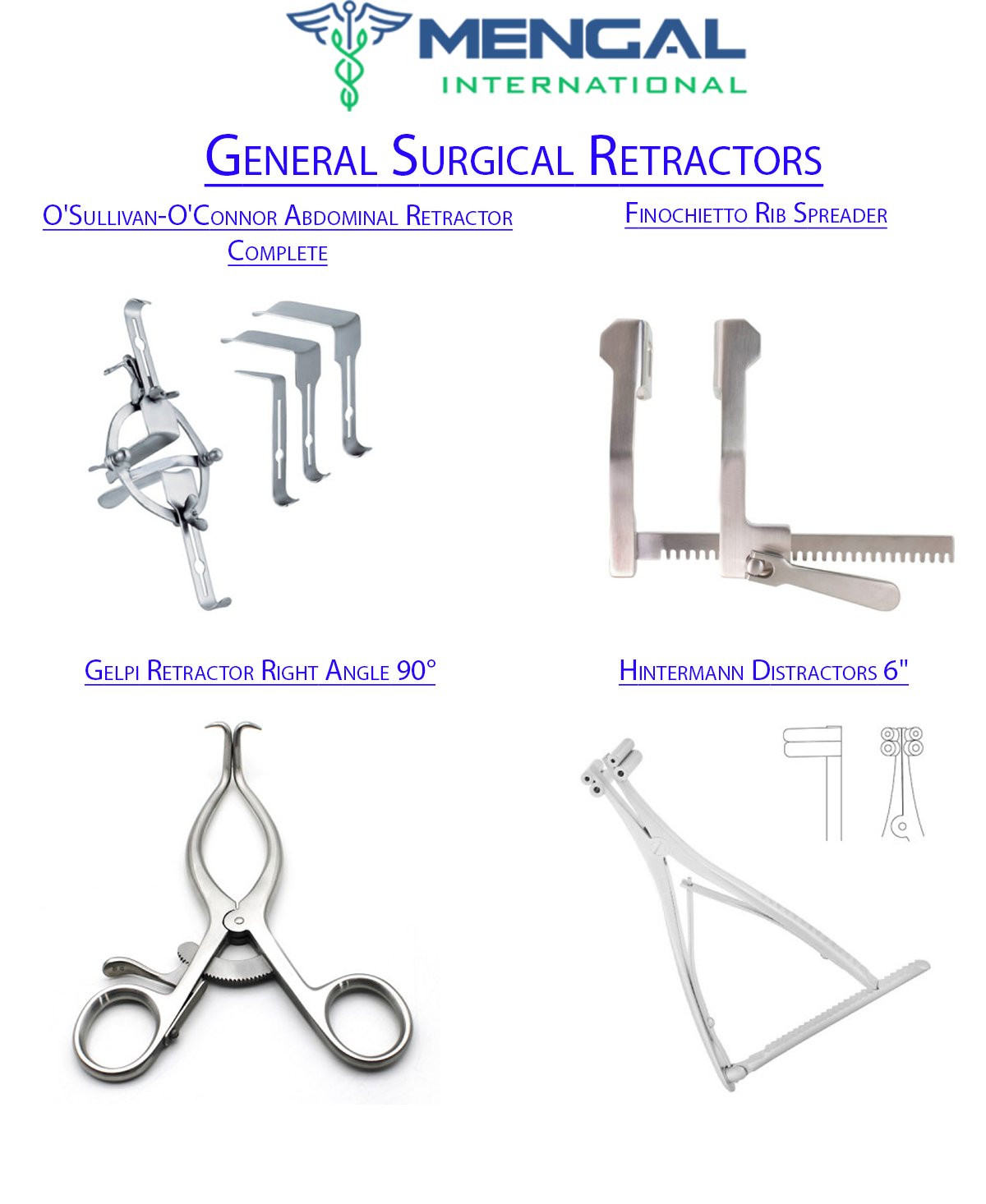 General Surgical retractors-O’Sullivan-O’Connor Abdominal Retractor Complete-Finochietto Rib Spreader-Gelpi Retractor Right Angle 90°-Hintermann Distractors 6″