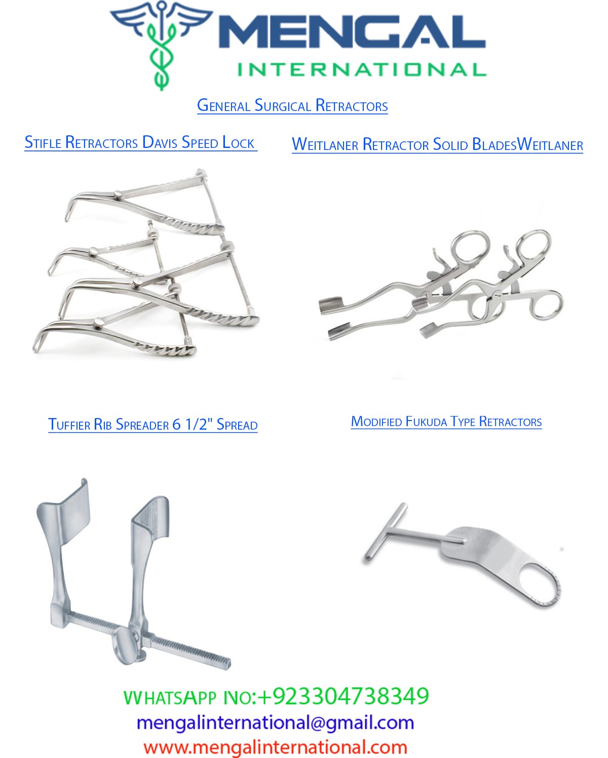 Modified Fukuda Type Retractors-Weitlaner Retractor Solid Blades-Stifle Retractors Davis Speed Lock-Tuffier Rib Spreader 6 1/2″ Spread