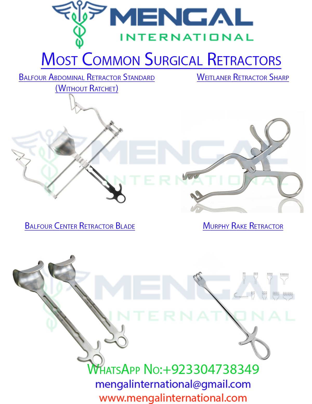 Surgical Retractors-Balfour Abdominal Retractor Standard (Without Ratchet)-Weitlaner Retractor Sharp-Balfour Center Retractor Blade-Murphy Rake Retractor