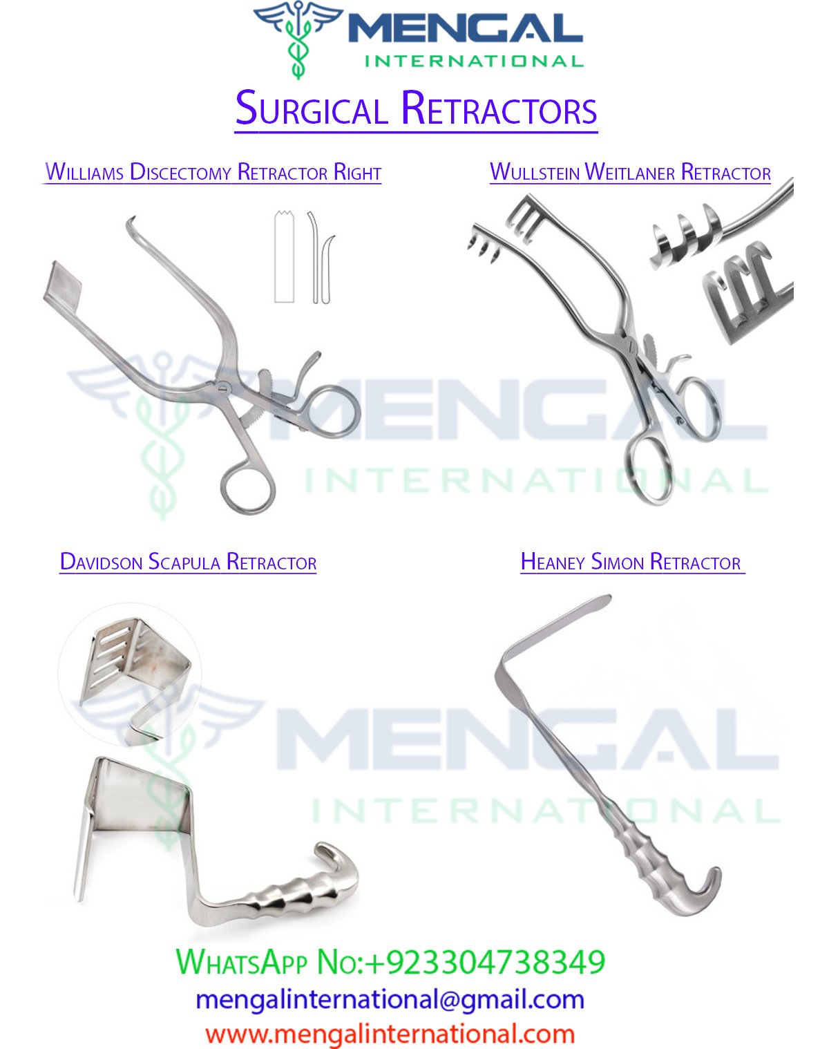 Williams Discectomy Retractor Right-Davidson Scapula Retractor-Heaney Simon Retractor-Wullstein Weitlaner Retractor