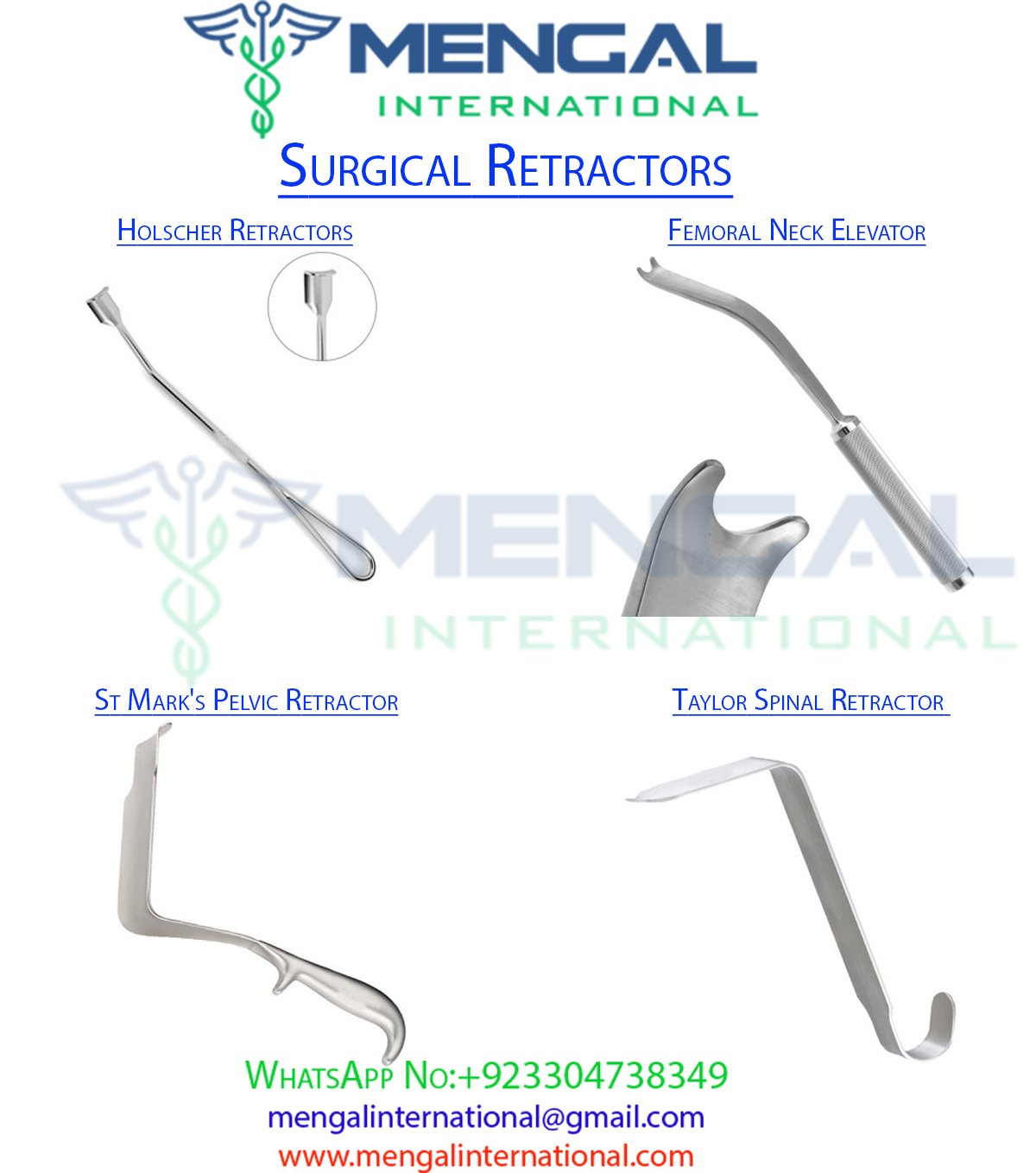 Holscher Retractors-Femoral Neck Elevator-Taylor Spinal Retractor-St Mark’s Pelvic Retractor