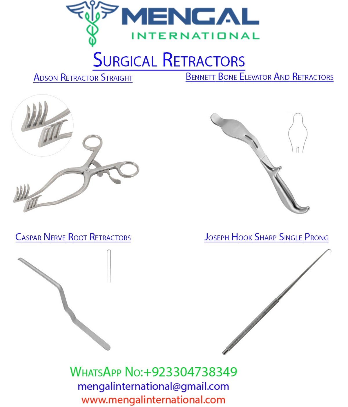 Surgical Retractors-Adson Retractor Straight-Bennett Bone Elevator And Retractors Wide-Caspar Nerve Root Retractors-Joseph Hook Sharp Single Prong