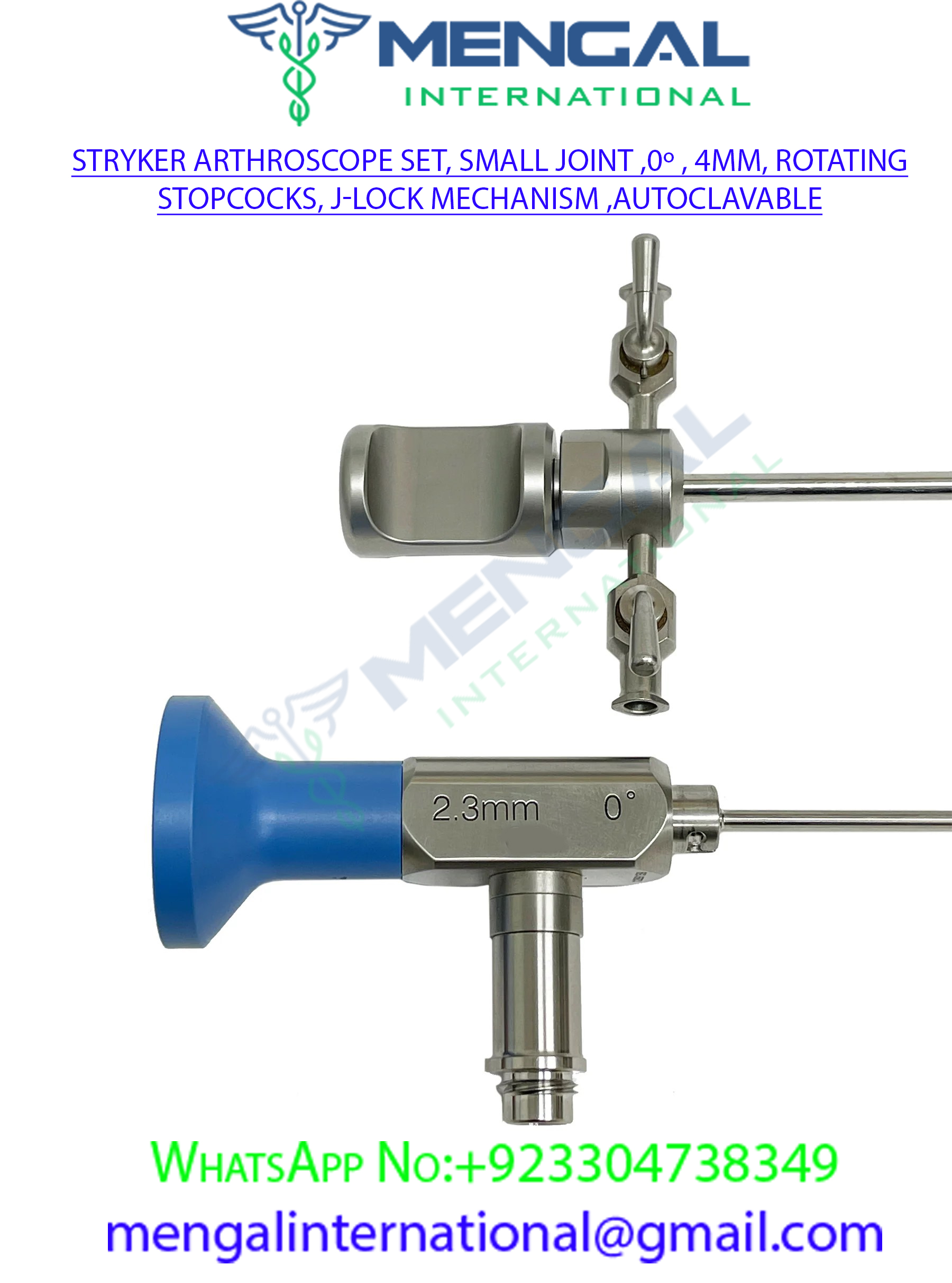 Stryker Arthroscope Set, Small Joint ,0º , 4mm, Rotating Stopcocks, J-Lock mechanism ,Autoclavable