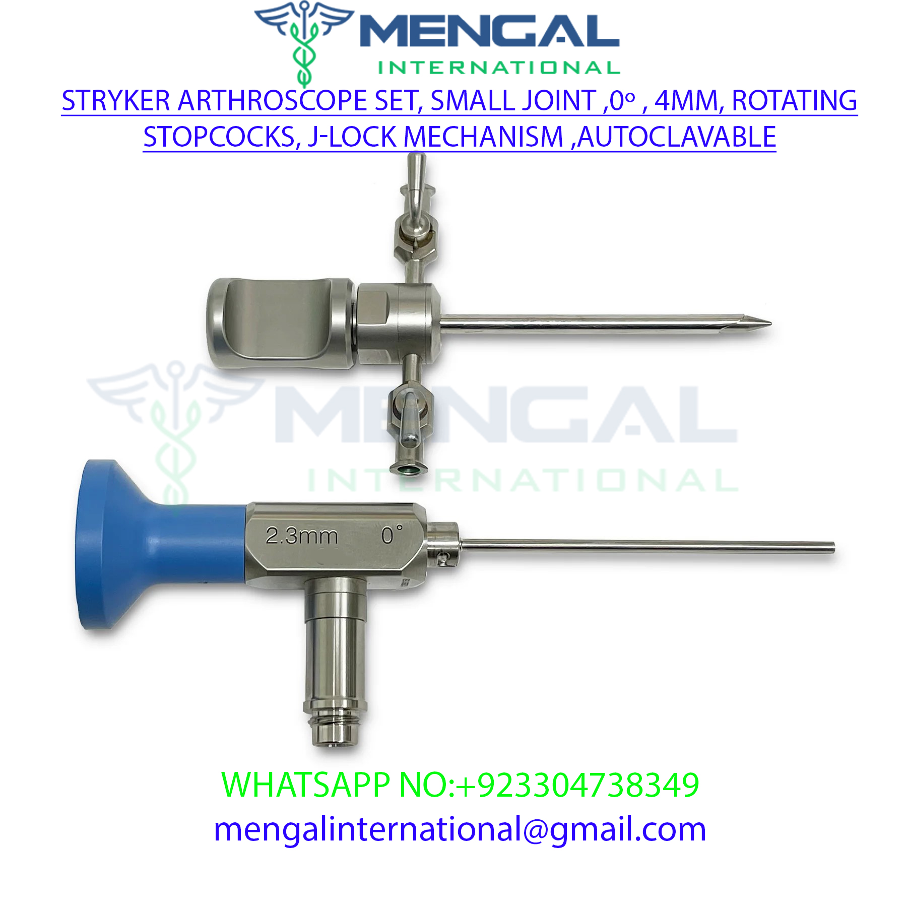 Stryker Arthroscope Set, Small Joint ,0º , 4mm, Rotating Stopcocks, J-Lock mechanism ,Autoclavable