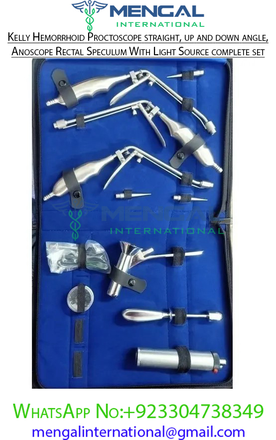 Kelly Hemorrhoid Proctoscope straight, up and down angle, Anoscope Rectal Speculum With Light Source complete set