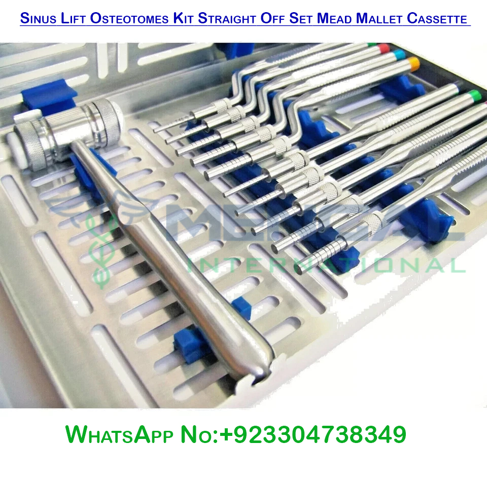 Sinus Lift Osteotomes Kit Straight Off Set Mead Mallet Cassette Dental implant