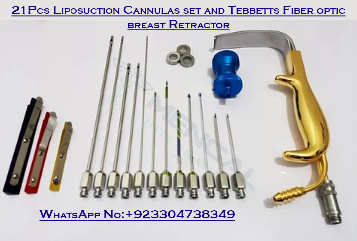 21Pcs Liposuction Cannulas set and Tebbetts Fiber optic breast Retractor Plastic Surgery Instruments