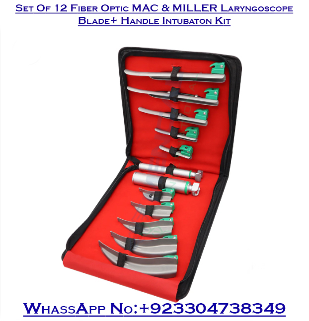 Set Of 12 Fiber Optic MAC & MILLER Laryngoscope Blade+ Handle Intubation Kit