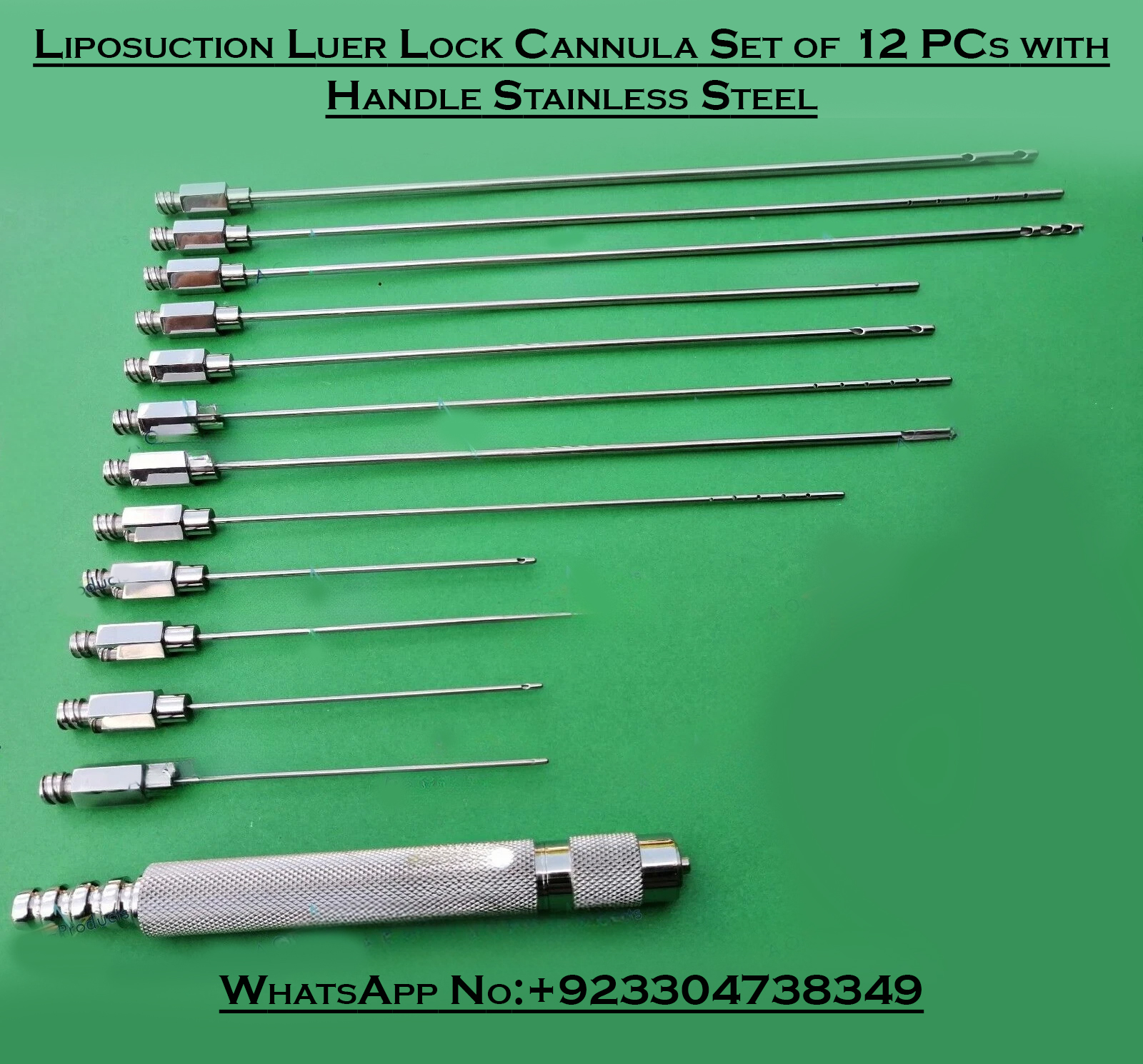 Liposuction Luer Lock Cannula Set of 12 PCs with Handle Plastic Cosmetic Surgery Instruments