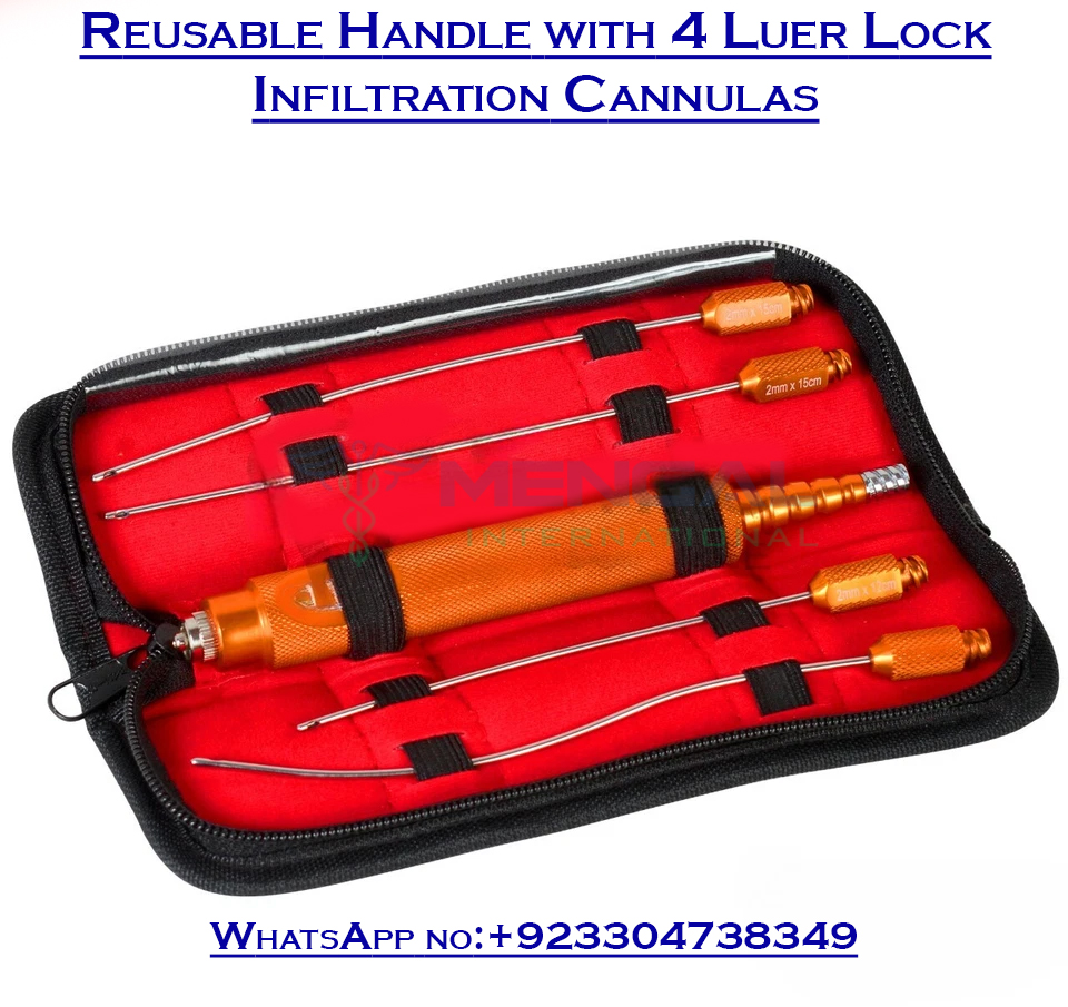 Reusable Handle with 4 Luer Lock Infiltration Cannulas plastic surgery instruments