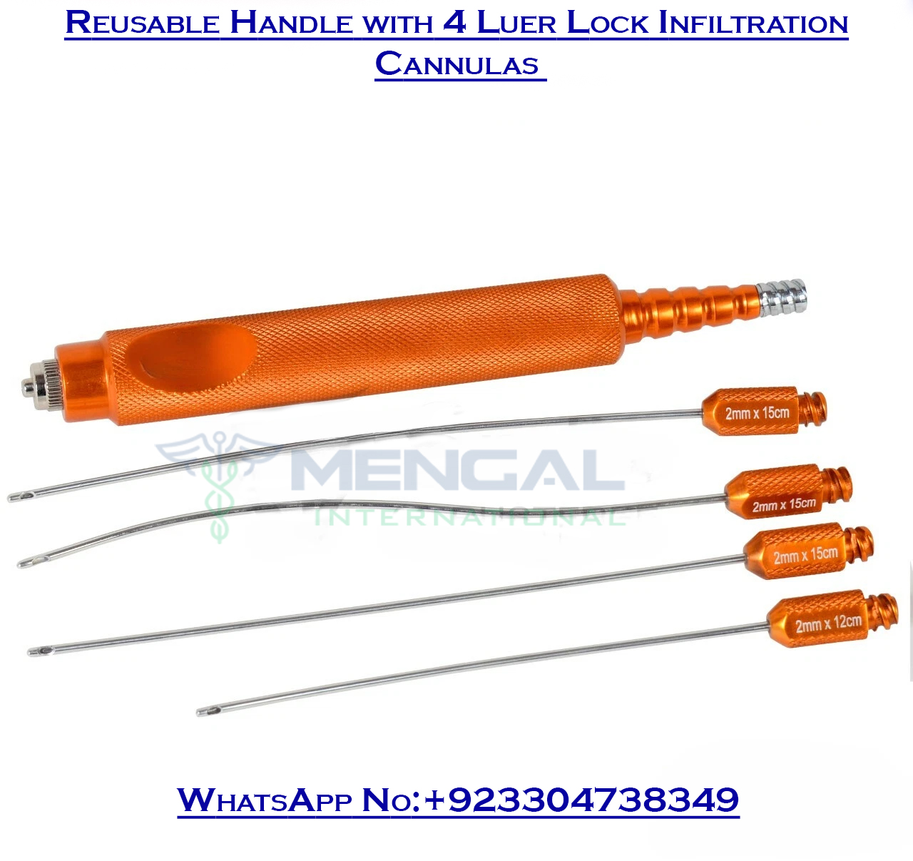 Reusable Handle with 4 Luer Lock Infiltration Cannulas plastic surgery instruments