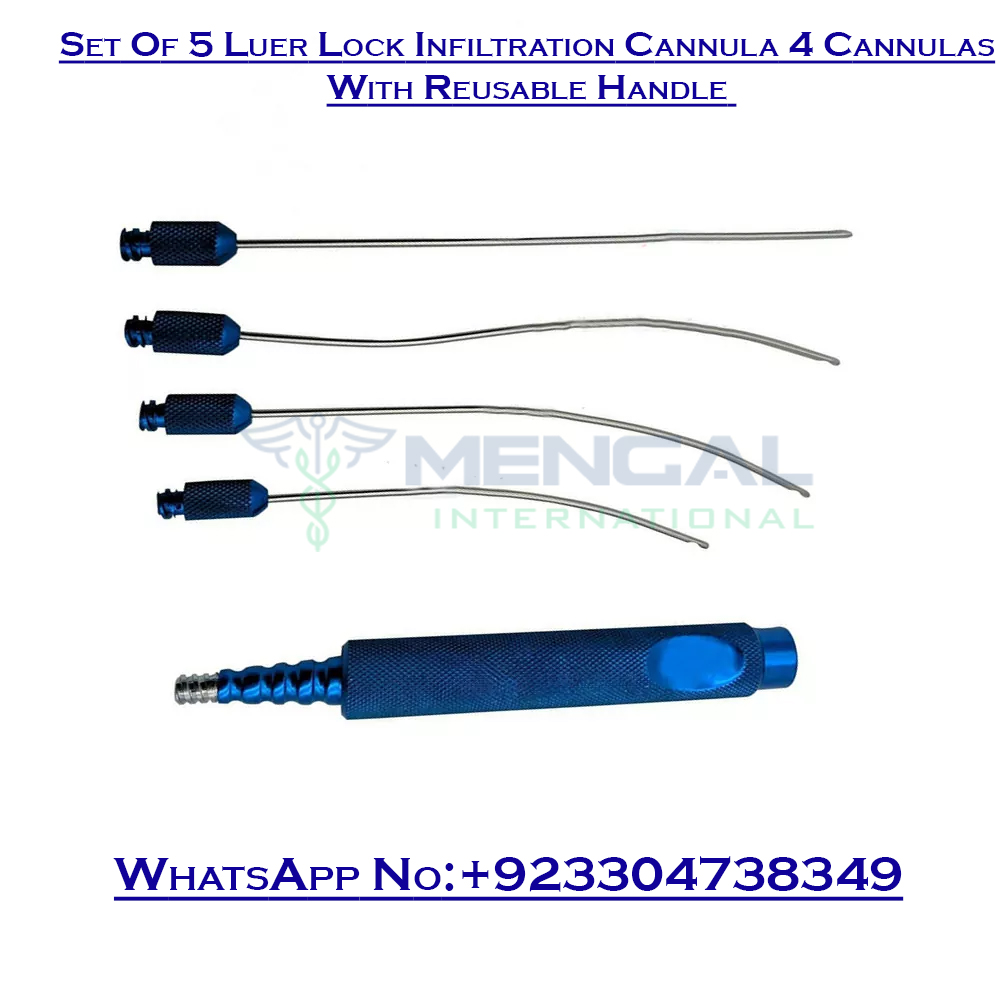 Set Of 5 Luer Lock Infiltration Cannula 4 Cannulas With Reusable Handle Plastic Surgery Instruments