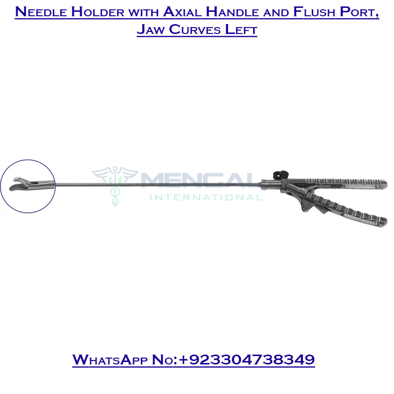 Laparoscopic Needle Holder with Axial Handle and Flush Port, Jaw Curves Left