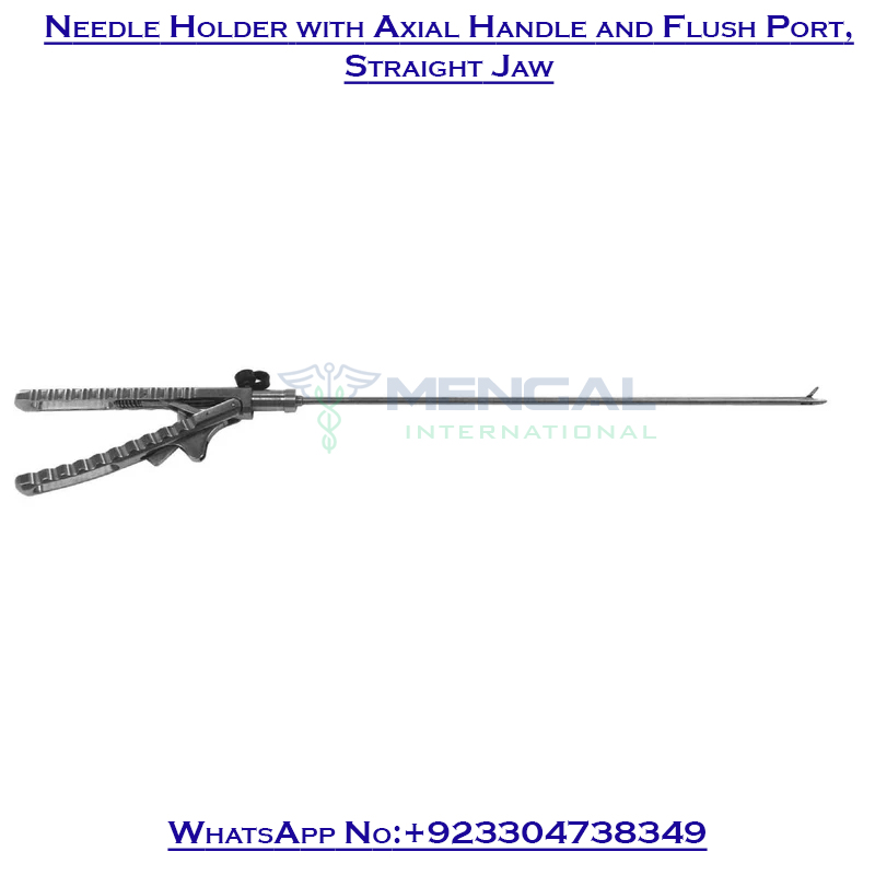 Laparoscopic Needle Holder with Axial Handle and Flush Port, Straight Jaw