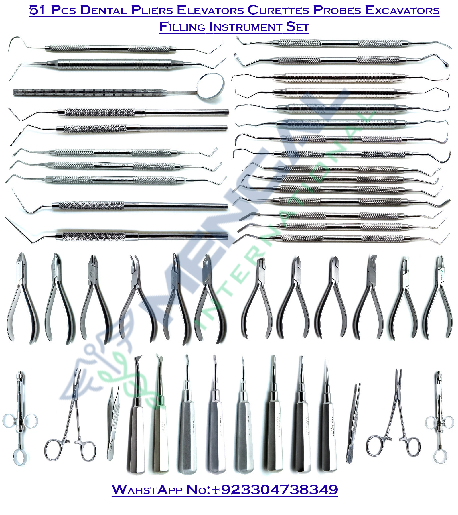 51 Pcs Dental Pliers Elevators Curettes Probes Excavators Filling Instrument Set